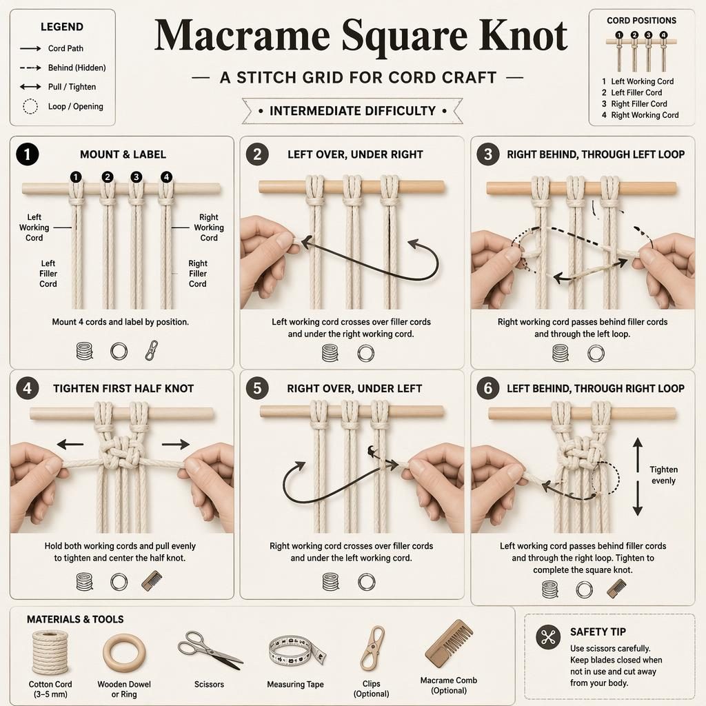 Monochrome macrame square knot infographic with 6 numbered steps, cord diagrams, hand positions, arrows, tools, and labels.