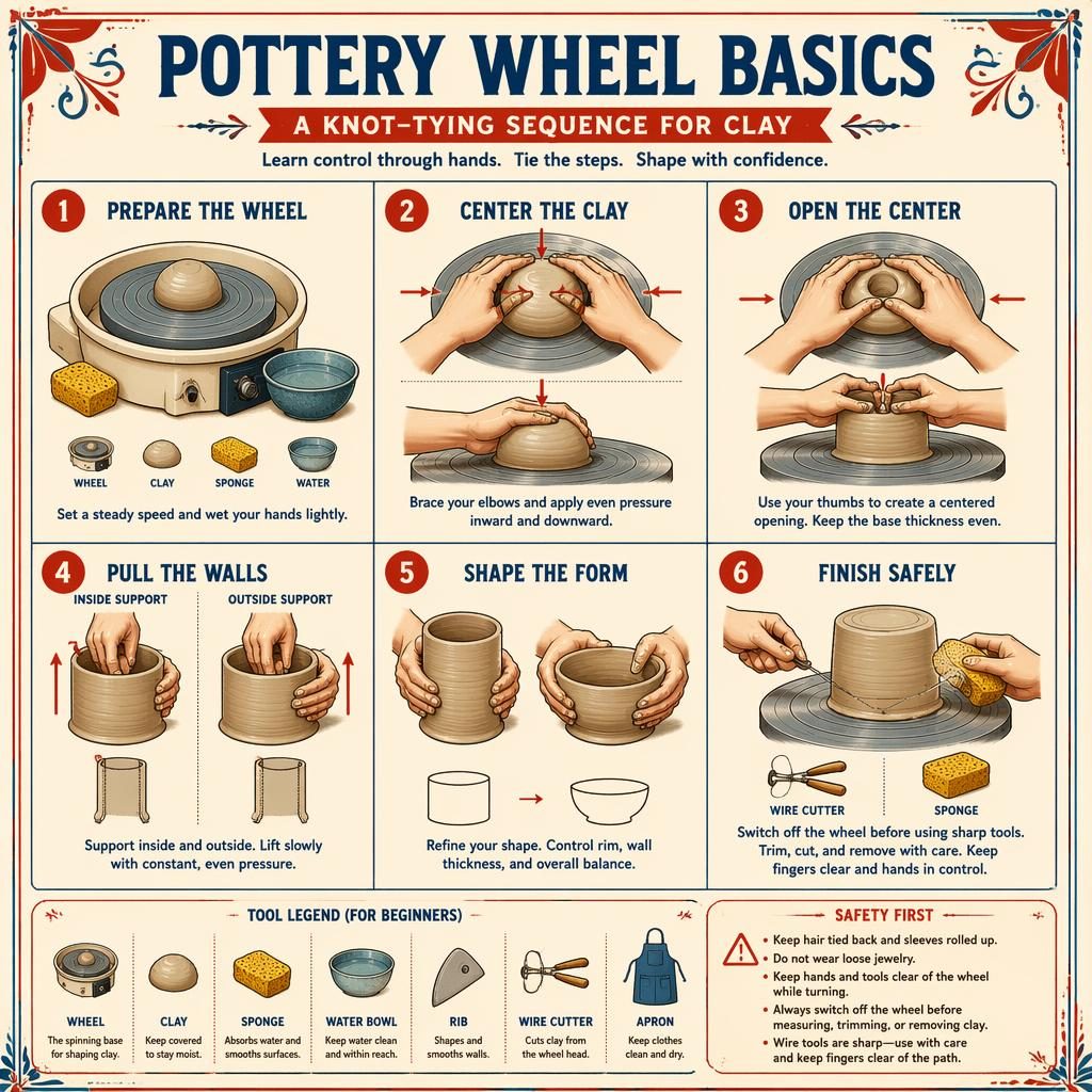 Vintage-style pottery wheel basics infographic with 6 numbered hand-position steps, tool icons, safety notes, and cream background.
