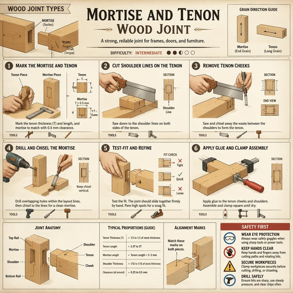 Vintage-style woodworking infographic showing 6 steps to make a mortise and tenon joint with tools, diagrams, safety tips.