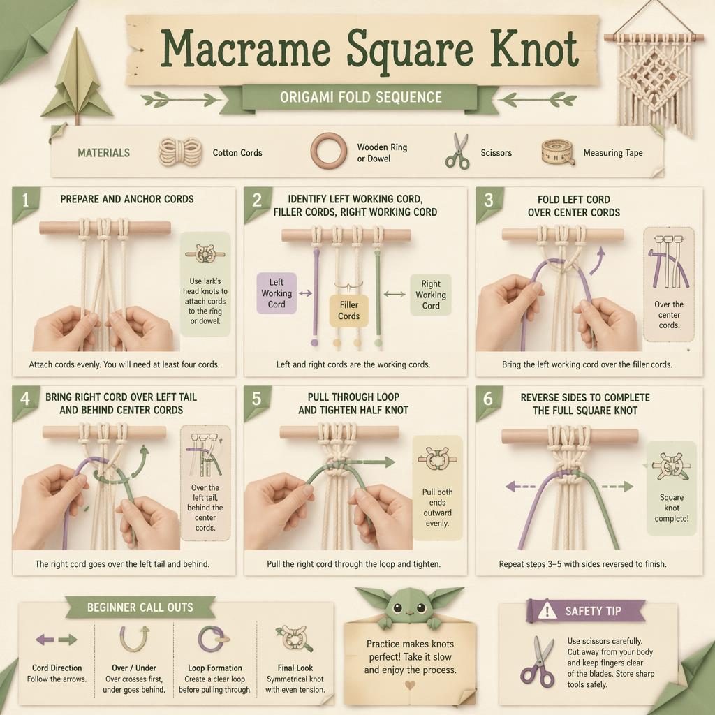 Pastel DIY infographic showing 6 numbered steps to tie a macrame square knot with cords, hands, icons, and safety tip.
