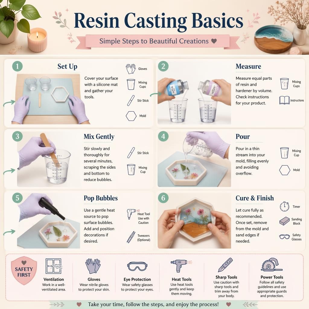 Pastel DIY infographic with 6 numbered resin casting steps, hand diagrams, tool icons, arrows, and English safety callout.