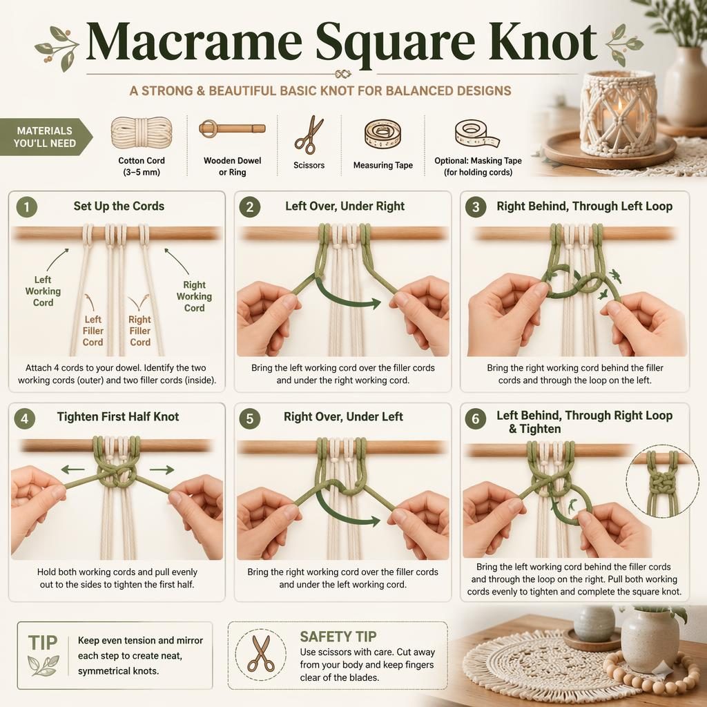 Minimal craft infographic showing 6 numbered steps for tying a macrame square knot with cords, hands, dowel, scissors.