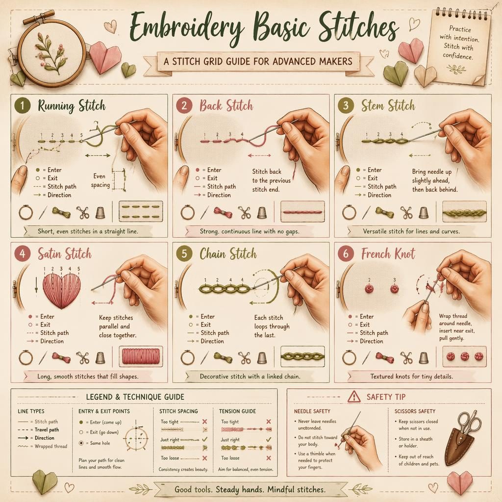DIY-Infografik mit 6 Stickstich-Panels, Handhaltungen, Diagrammen, Legende, Werkzeugicons und herzen falten Symbolen.