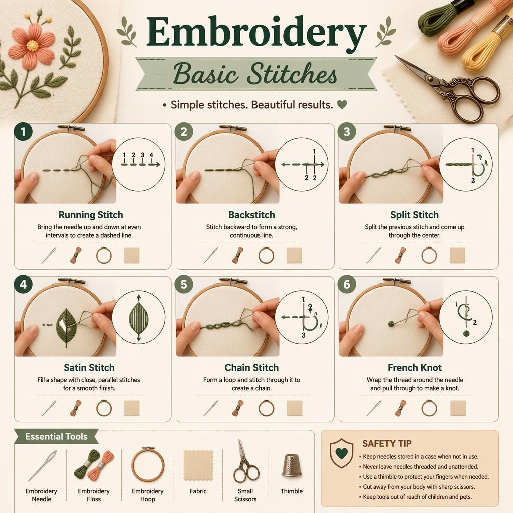 Minimal flat infographic showing 6 embroidery basic stitches in numbered panels with hoop, hands, tools, arrows, and safety tip.