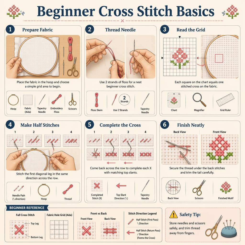 Craft infographic with 6 numbered cross stitch steps, tool icons, grid charts, hand diagrams, and safety tip panel.