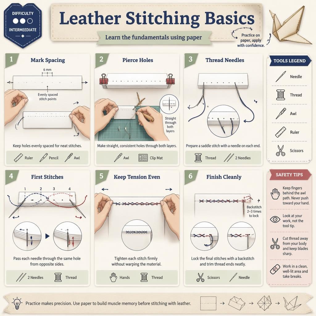 Pastel DIY infographic with 6 numbered paper-fold steps teaching leather stitching basics, tool icons, arrows, and safety tip.