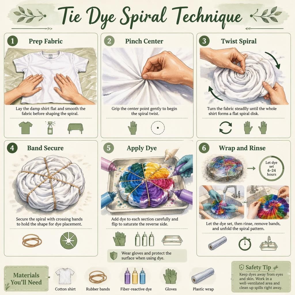 Aquarellartige DIY-Infografik mit 6 Schritten zur Batik-Spiraltechnik an einem T-Shirt, Händen, Symbolen und Legende.