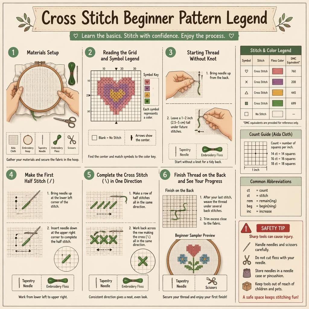 Sketchnote craft infographic with 6 panels showing cross-stitch basics, stitch legend, hoop, needle, floss, scissors, and safety tip.