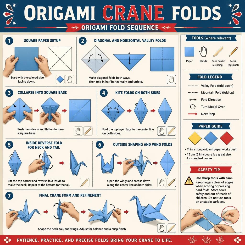 Vintage-style origami crane folds infographic with 7 numbered steps, hand positions, fold diagrams, arrows, captions, and icons.