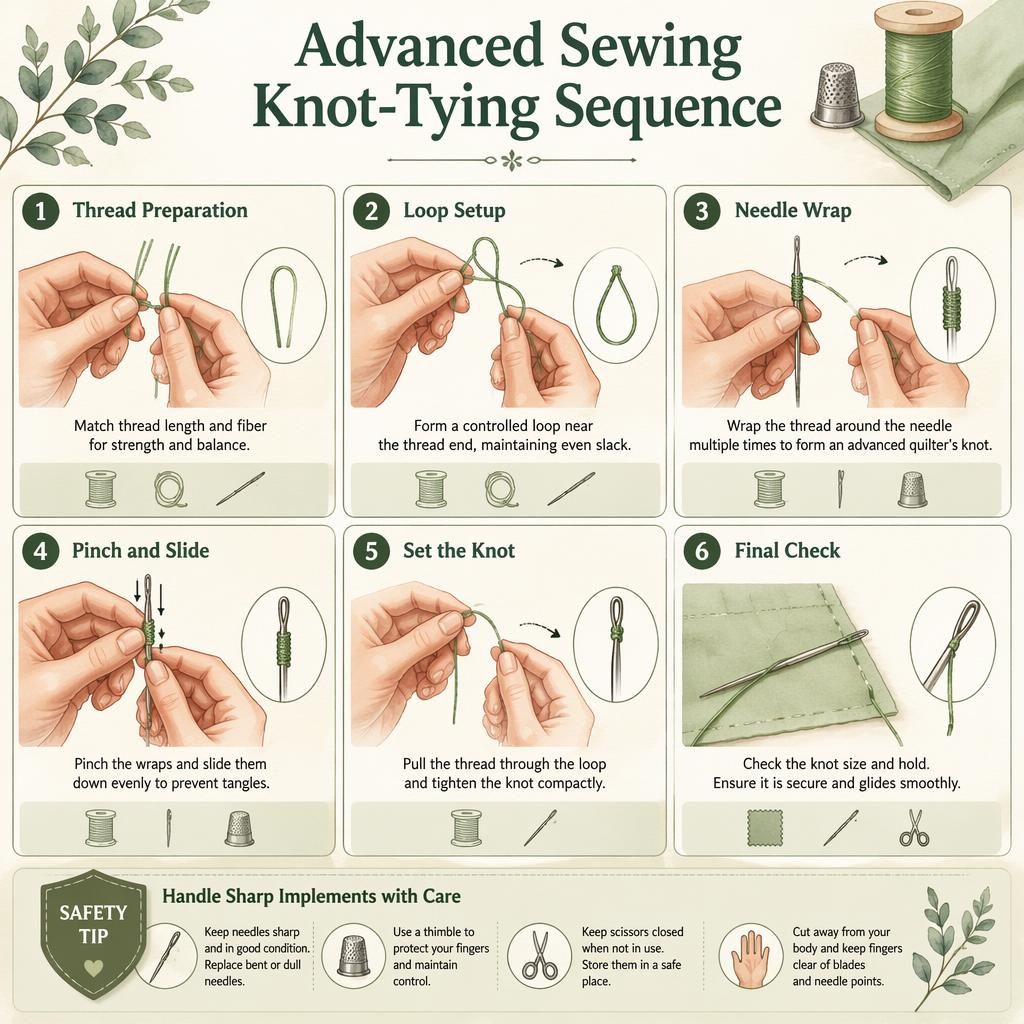Cozy watercolor sewing infographic with 6 numbered knot-tying steps, hands, needle, thread, tool icons, and safety tip.