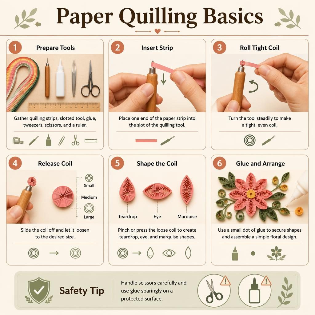 Vertical paper quilling basics infographic with 6 numbered steps, tool icons, hand diagrams, shapes, floral assembly, safety tip.