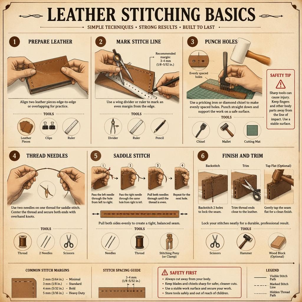 Vintage-style leather stitching basics infographic with 6 numbered steps, labeled diagrams, tool icons, hand positions, and safety note.