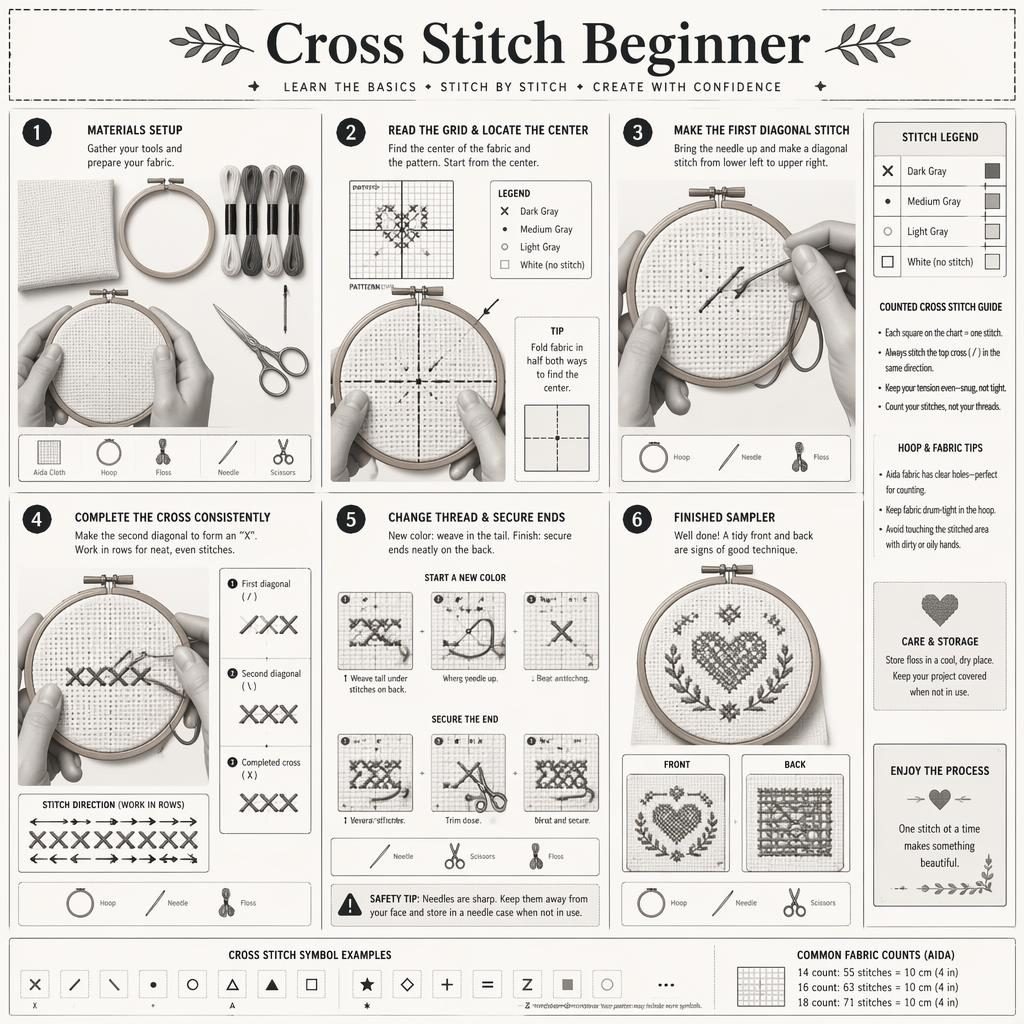 Monochrome DIY-Infografik mit 6 nummerierten Schritten zum Kreuzstich, Stoffraster, Händen, Stickrahmen, Nadel und Icons.