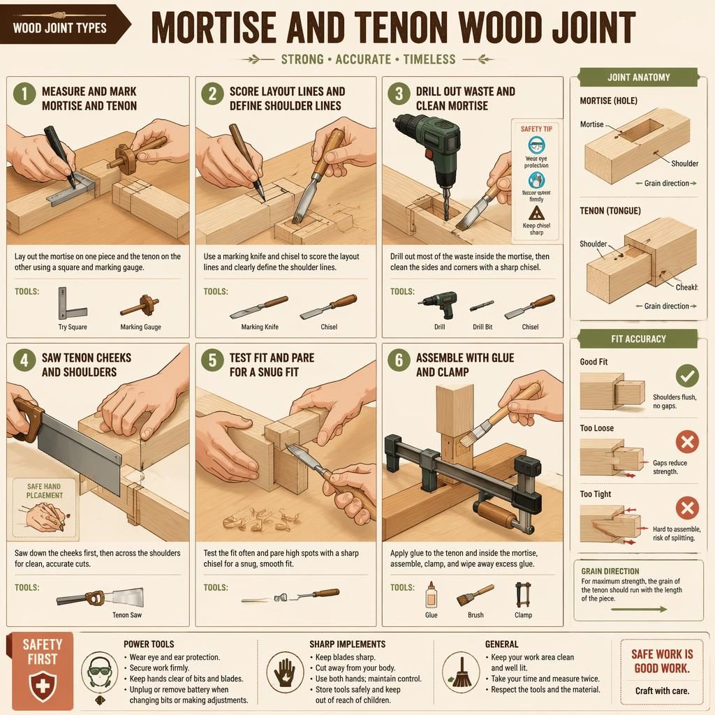 Flat DIY infographic showing 6 steps to make a mortise and tenon wood joint with tools, labels, safety notes, and hands.