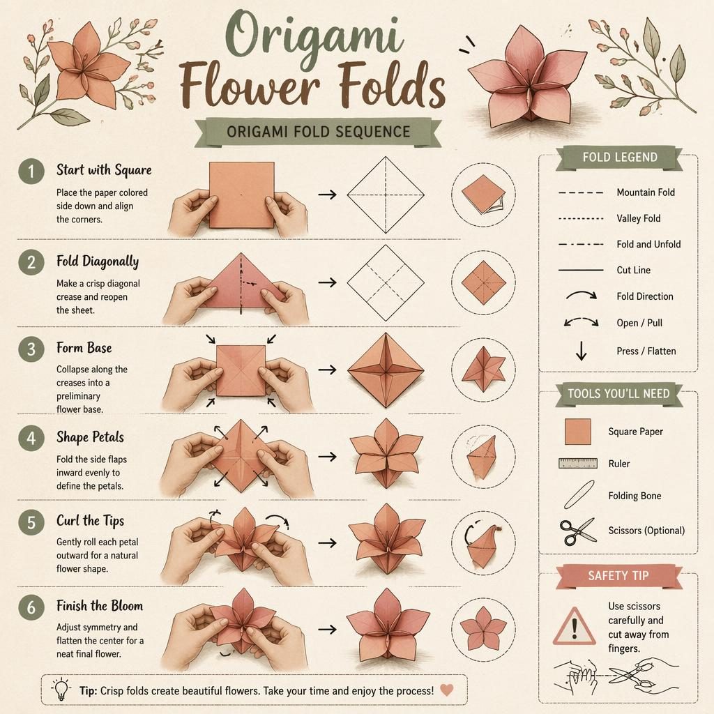 Vertical craft infographic showing 6 origami flower fold steps, hand positions, fold symbols, arrows, and muted paper tools.
