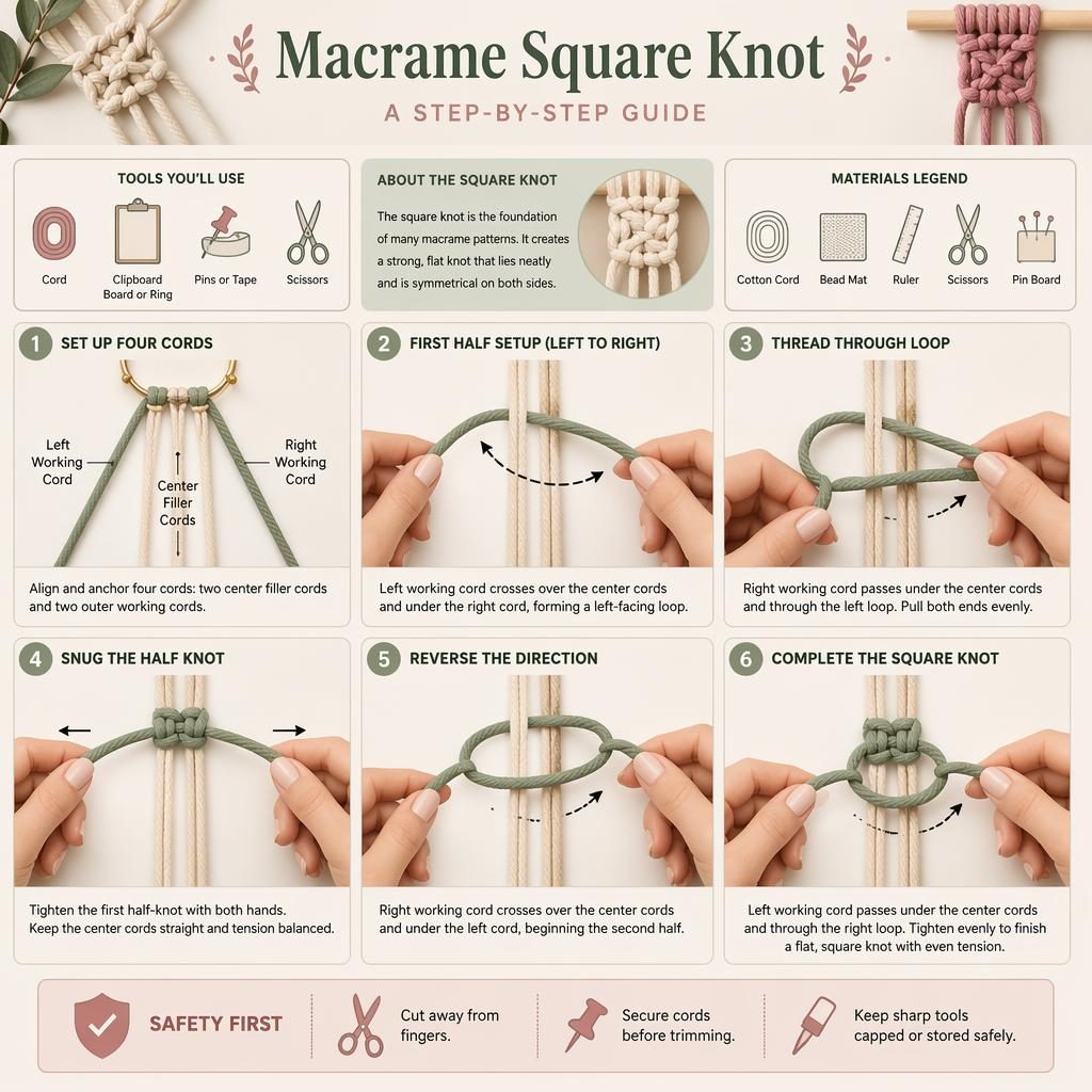 Pastel craft infographic showing 6 numbered steps to tie a macrame square knot with cords, hands, captions, icons, legend.