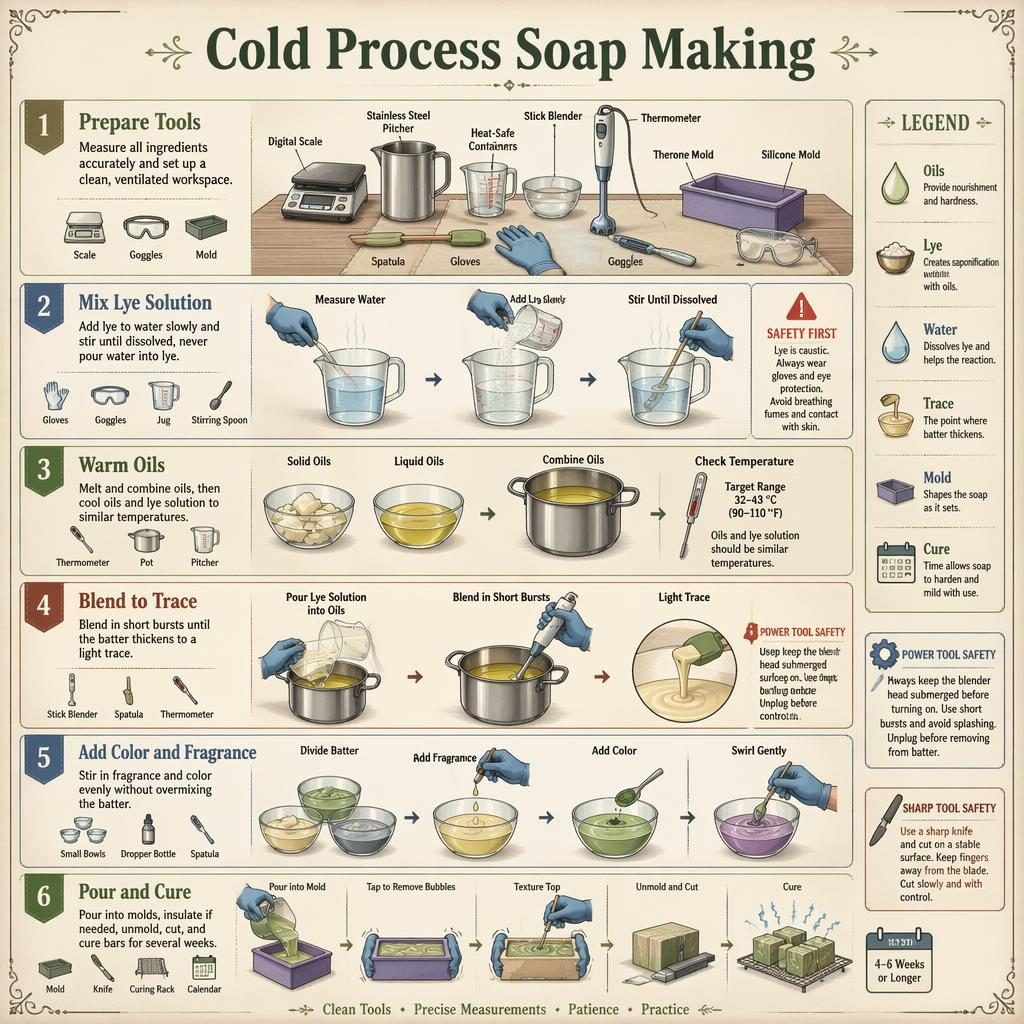 Vertikale DIY-Infografik mit 6 nummerierten Schritten zur Kaltprozess-Seifenherstellung in Vintage-Farbpalette.