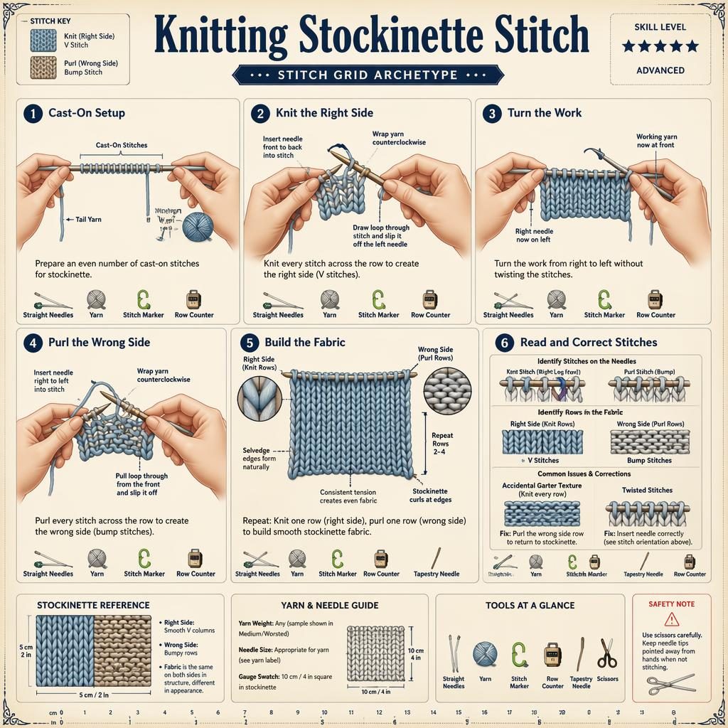 Vintage-style knitting infographic with 6 numbered steps showing stockinette stitch, hands, straight needles, yarn, and tool icons.