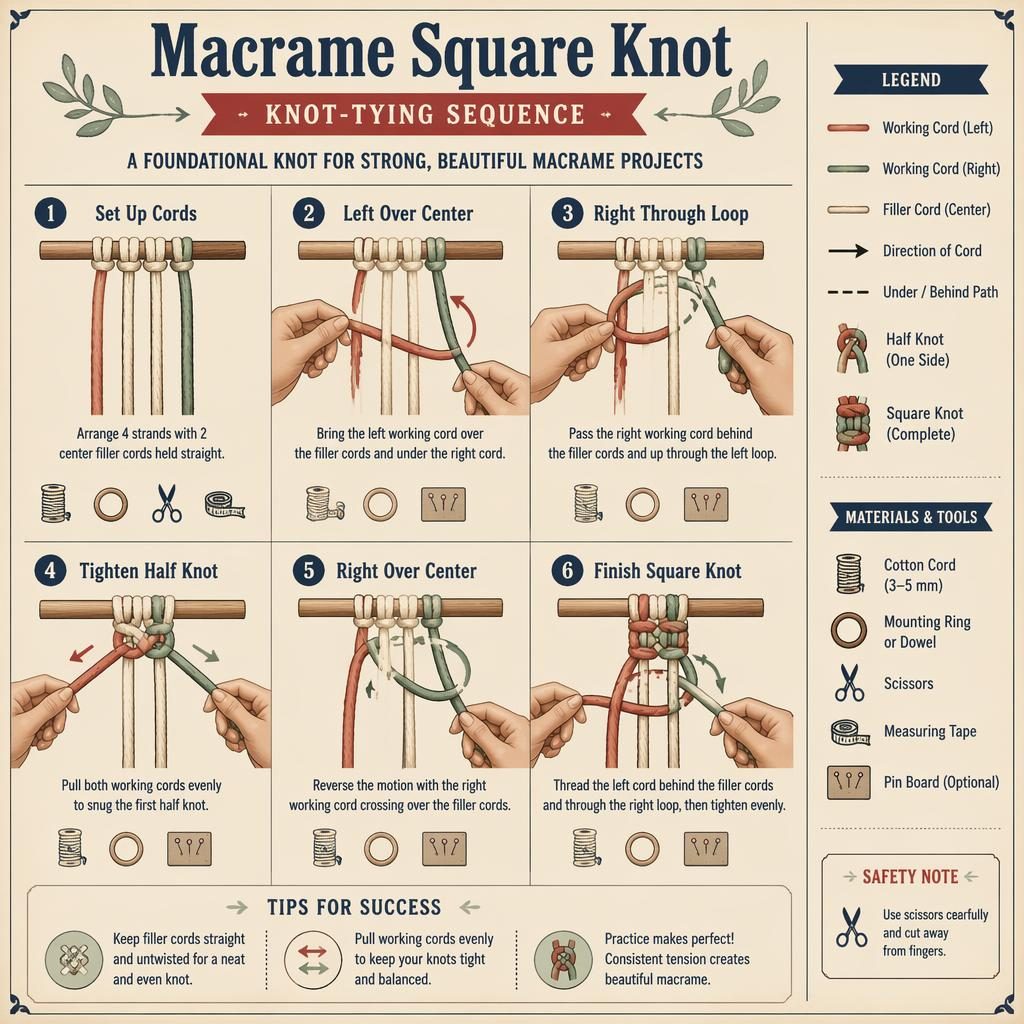 Vintage-style macrame square knot infographic with 6 numbered steps, hand diagrams, cord color coding, legend, and tool icons.