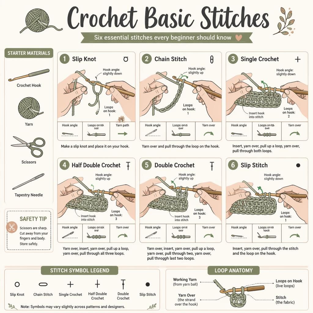 Beginner crochet stitch grid infographic with 6 numbered panels, hand positions, hook diagrams, yarn arrows, tools, and legend.
