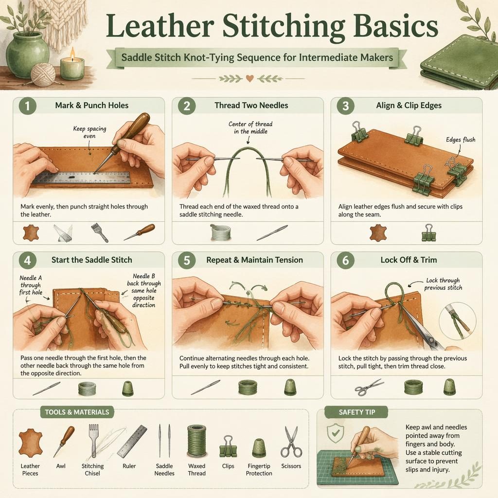 Watercolor craft infographic with 6 numbered steps showing leather stitching basics, tools, arrows, captions, and safety tip.