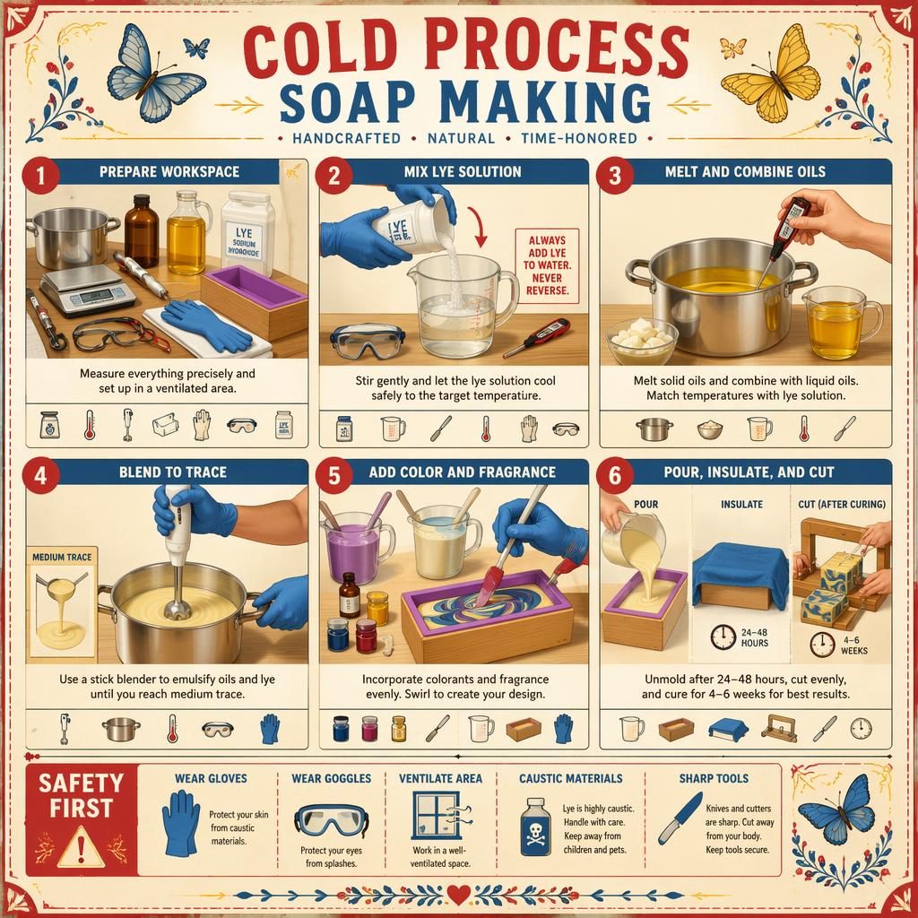 Vintage-Infografik zur Kaltprozess-Seifenherstellung mit 6 nummerierten Schritten, Werkzeug-Icons und Schmetterlingsmotiven.