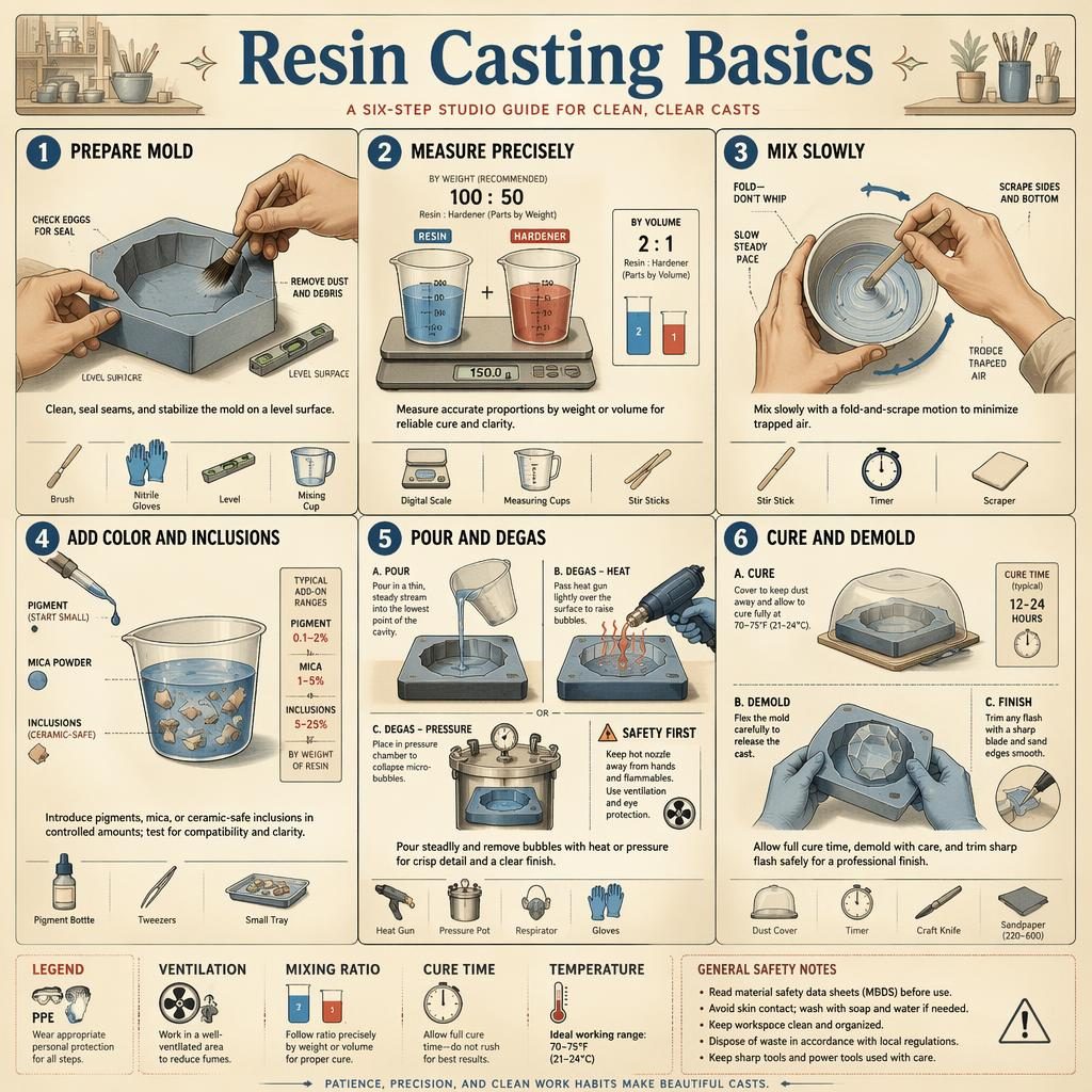 Vintage-style resin casting basics infographic with 6 numbered steps, tool icons, diagrams, and pottery studio details.