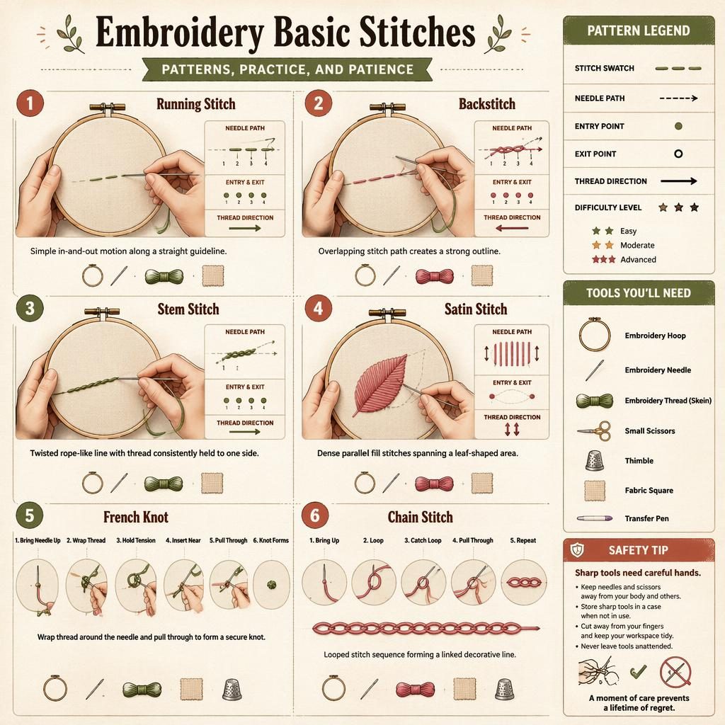 Embroidery stitches infographic with 6 numbered panels, hand positions, hoop, needle, thread, legend, tool icons, and safety tip.
