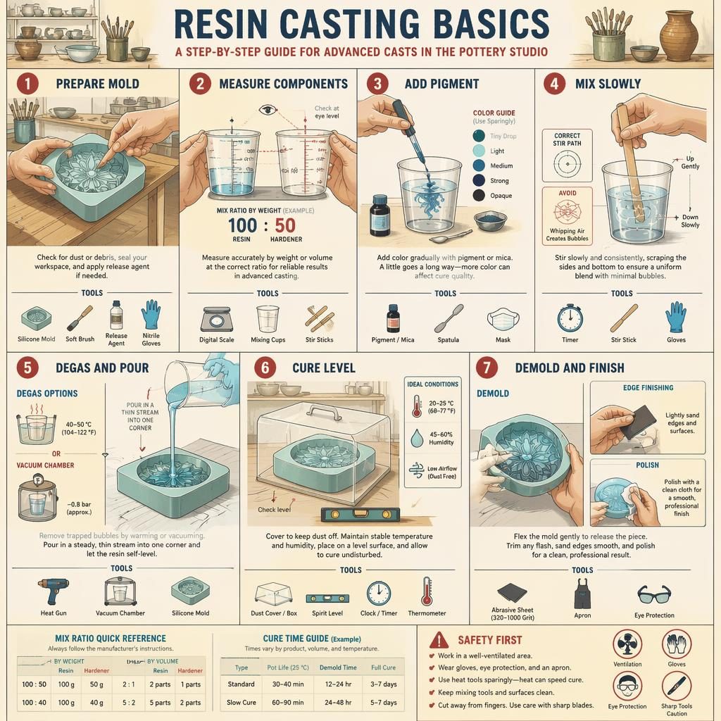 Technical craft infographic showing 7 resin casting steps with hands, tools, diagrams, icons, arrows, and pottery studio details.