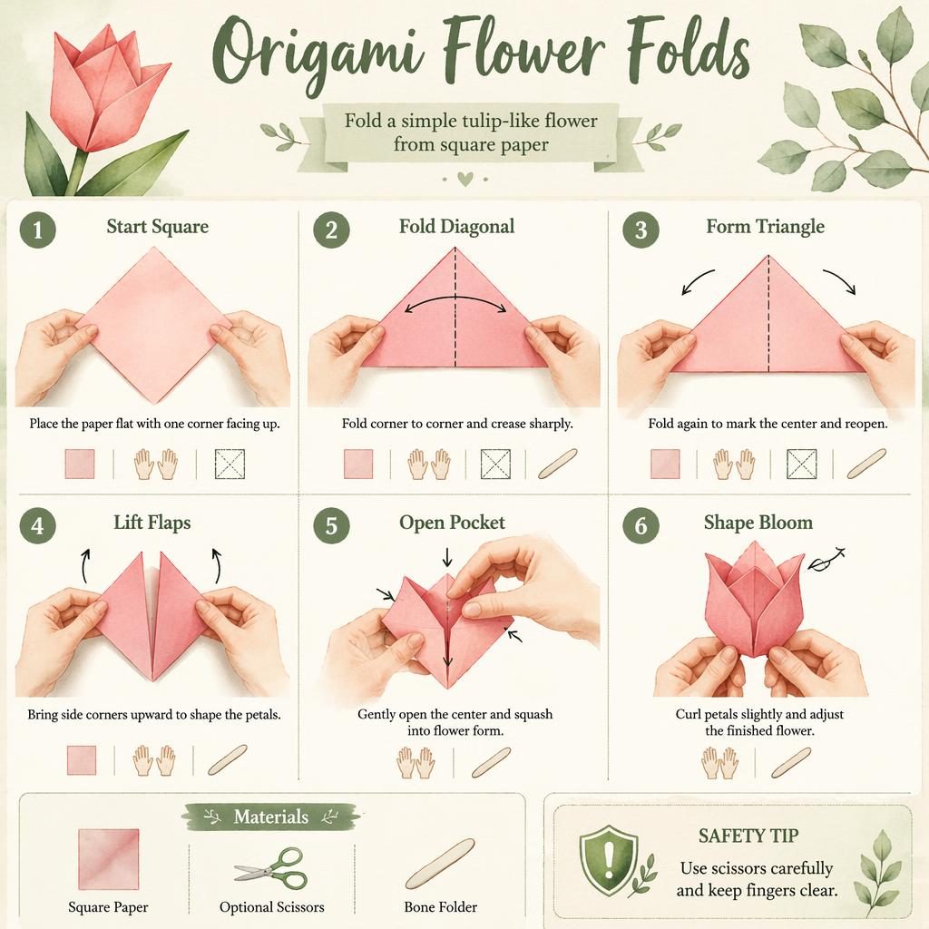 Vertikale DIY-Infografik mit 6 Schritten zum Falten einer tulpen papier Blume, Händen, Pfeilen und Werkzeug-Icons.