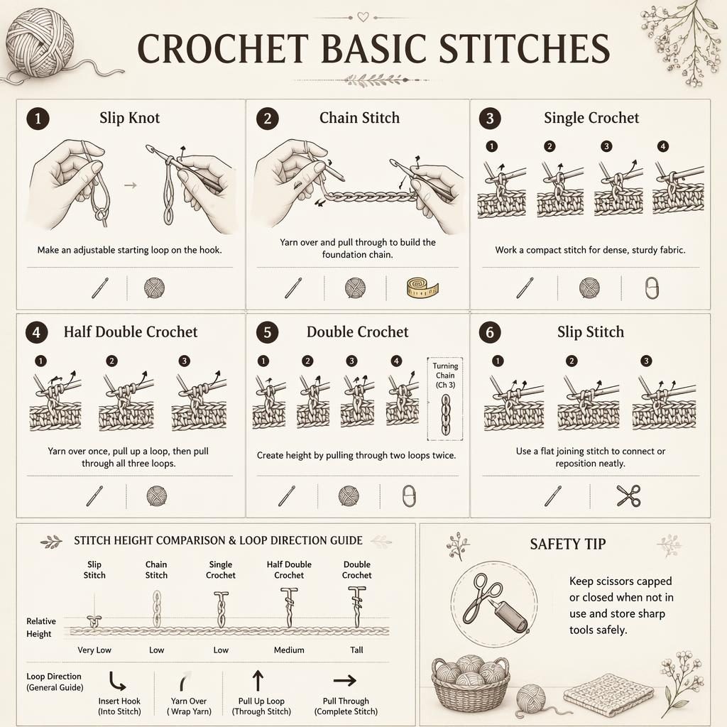 Monochrome crochet infographic with 6 numbered stitch diagrams, hand positions, tool icons, legend, and safety panel.