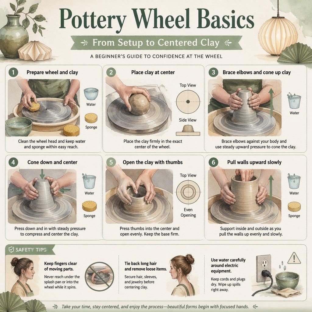 Gemütliche DIY-Infografik in Aquarell mit 6 nummerierten Schritten zur Töpferscheibe, Handhaltungen, Pfeilen und Sicherheitstipp.