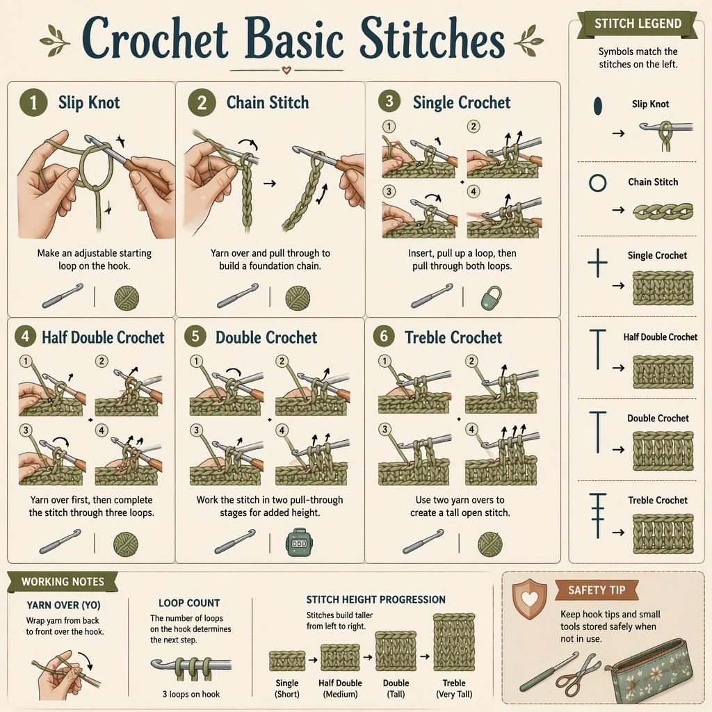 Crochet basic stitches infographic with 6 numbered panels, stitch legend, hand diagrams, tool icons, and safety tip.