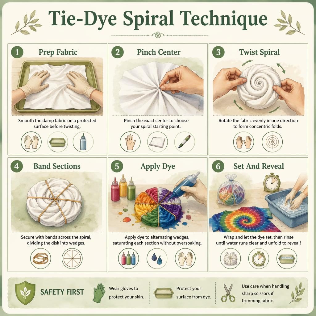 Watercolor craft infographic showing 6 tie-dye spiral steps with hands, tool icons, English labels, and safety note.