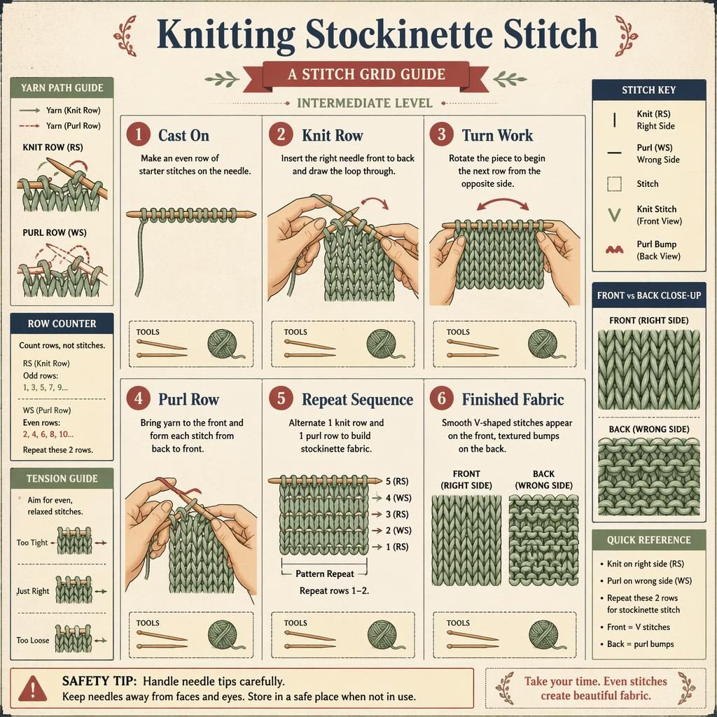Vintage-Infografik mit 6 Schritten zum glatt rechts stricken, Diagrammen, Händen, Maschenschlüssel und Vorder-/Rückseite.