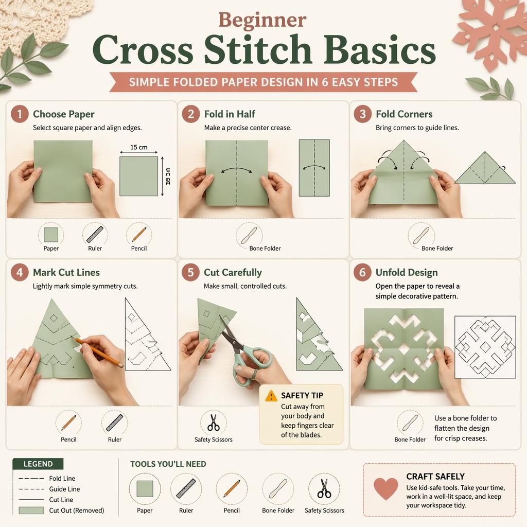 Minimalistische DIY-Infografik mit 6 nummerierten Papierfalt-Schritten, Händen, Pfeilen, Werkzeugicons und englischen Labels.