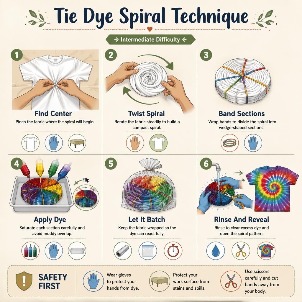 Minimal flat infographic showing 6 numbered steps for a tie dye spiral shirt, with hands, dye tools, captions, and safety tips.