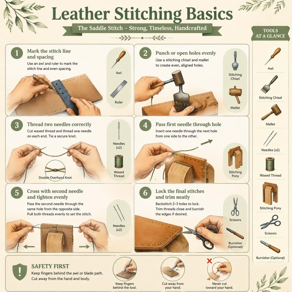 Vertical watercolor infographic shows 6 numbered leather saddle-stitch steps with hands, tools, arrows, and safety tip.