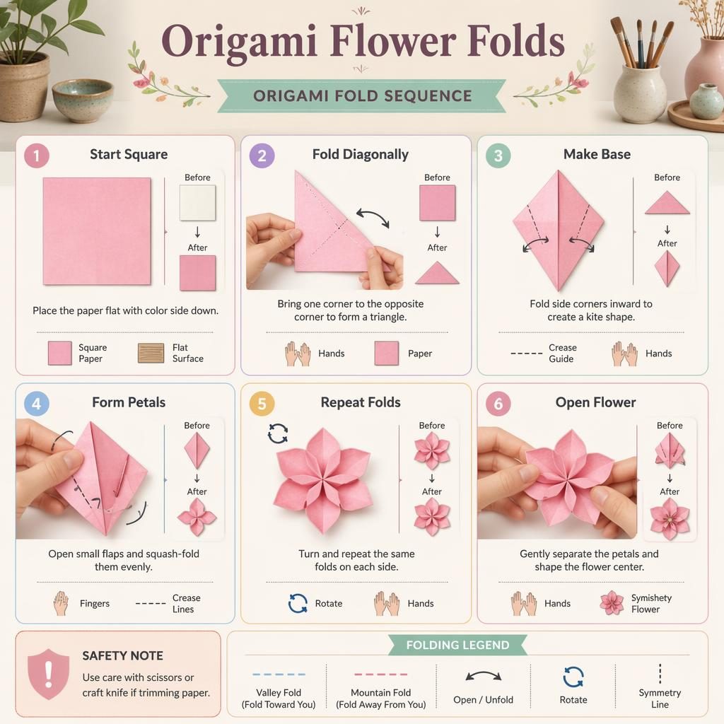 Pastel origami flower folds infographic with 6 numbered steps, hand diagrams, fold arrows, legend icons, and safety note.