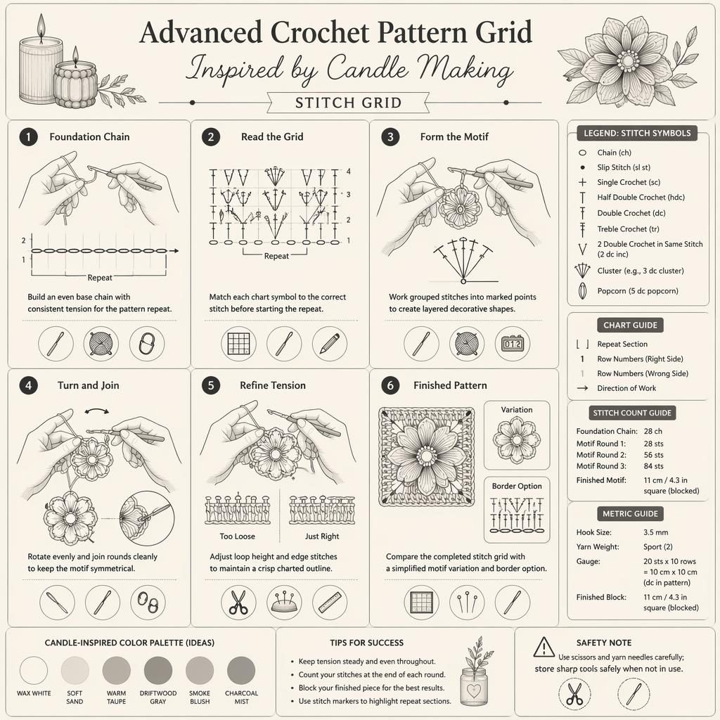 Monochrome crochet infographic with 6 numbered stitch grid steps, hand positions, legend panel, tool icons, and safety note.