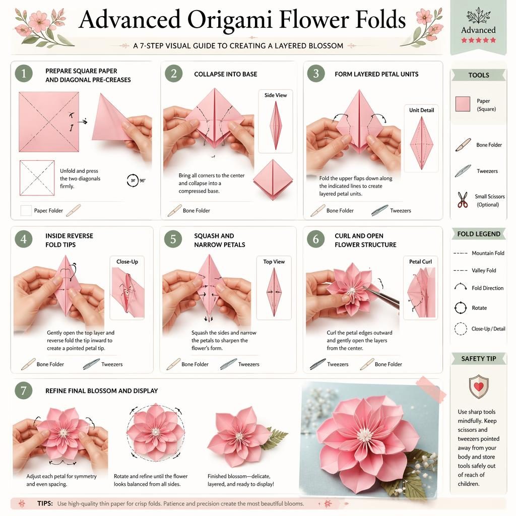 Pastel DIY infographic with 7 numbered origami flower fold steps, hand diagrams, arrows, tool icons, and final bloom.