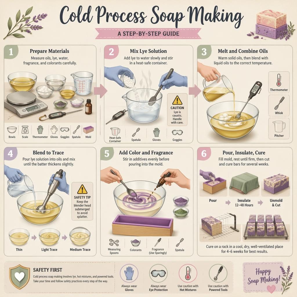 Pastel craft infographic with 6 numbered panels showing cold process soap making, safety icons, tools, arrows, and English labels.
