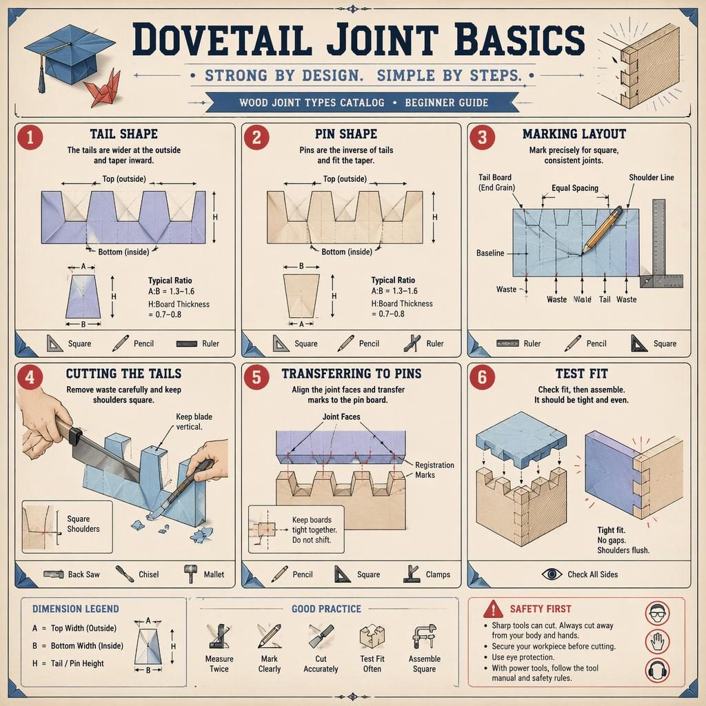 Vintage-style DIY infographic showing 6 numbered dovetail joint panels with diagrams, tool icons, captions, and origami graduation cap motif.