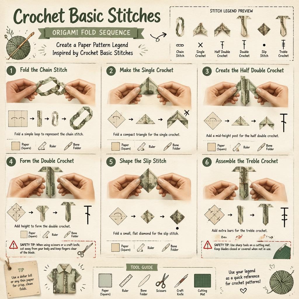 DIY-Infografik im Sketchnote-Stil mit 6 nummerierten Falt-Schritten, Händen, Diagrammen, Pfeilen und geld origami Anklängen.