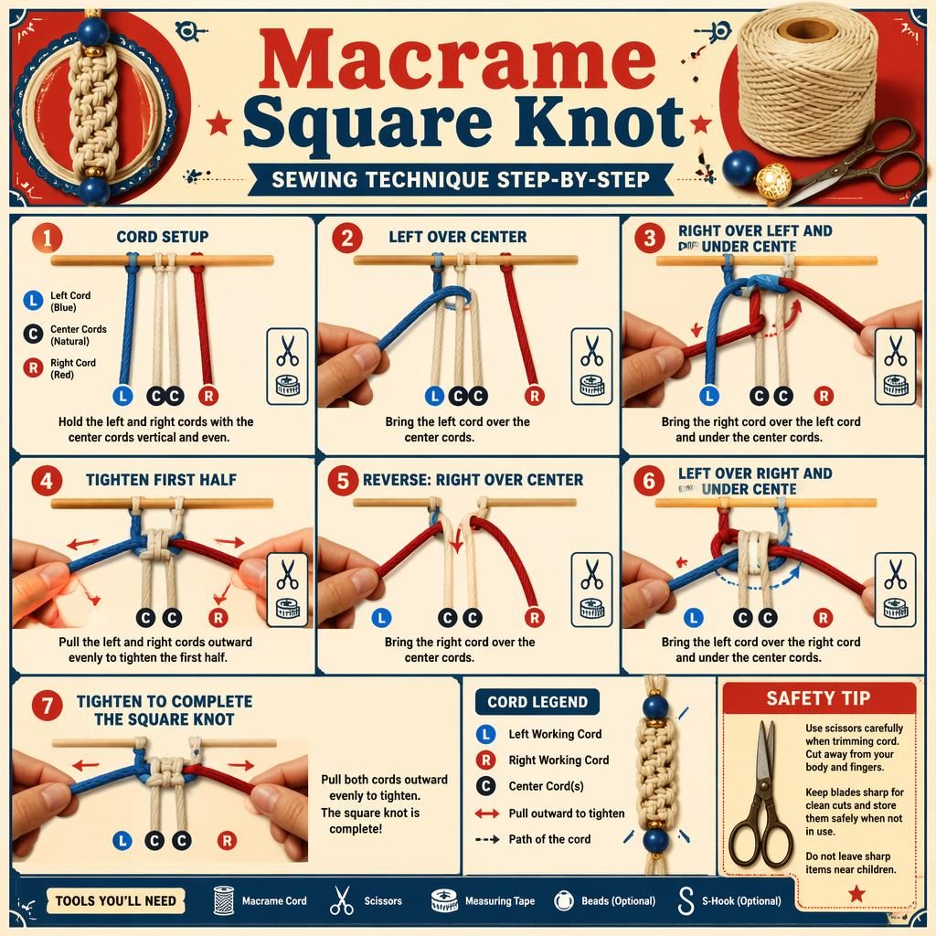 Vintage-style infographic with 6 numbered steps showing hands tying a macrame square knot, cord labels, arrows, icons, and safety tip.