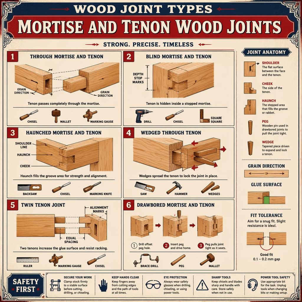 Vintage-DIY-Infografik mit 6 nummerierten Holzverbindungen, Diagrammen, Werkzeug-Icons, Legenden und Sicherheitshinweis.