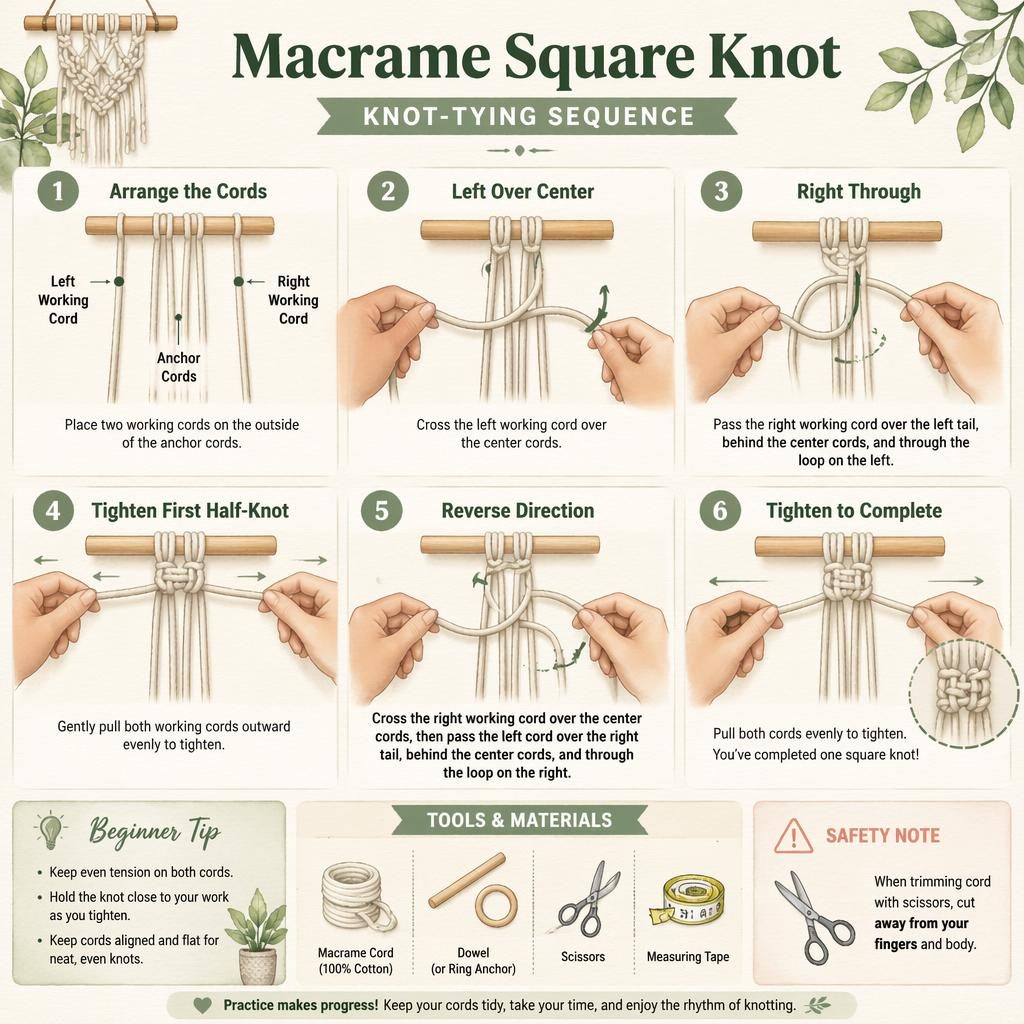 Watercolor craft infographic showing 6 numbered steps to tie a macrame square knot with hands, cords, icons, and tips.
