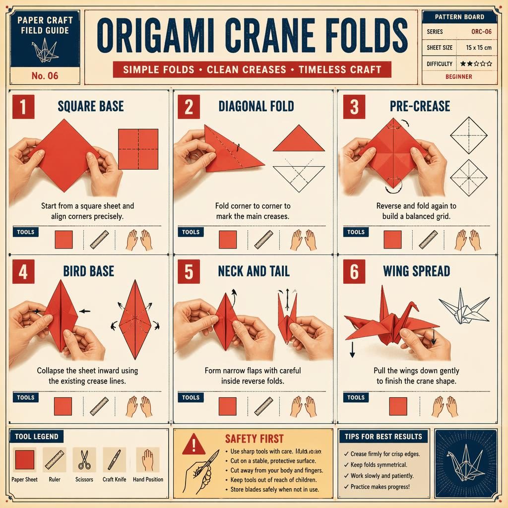 Vintage-style origami crane folds infographic with 6 numbered panels, hand diagrams, tool icons, and safety note.