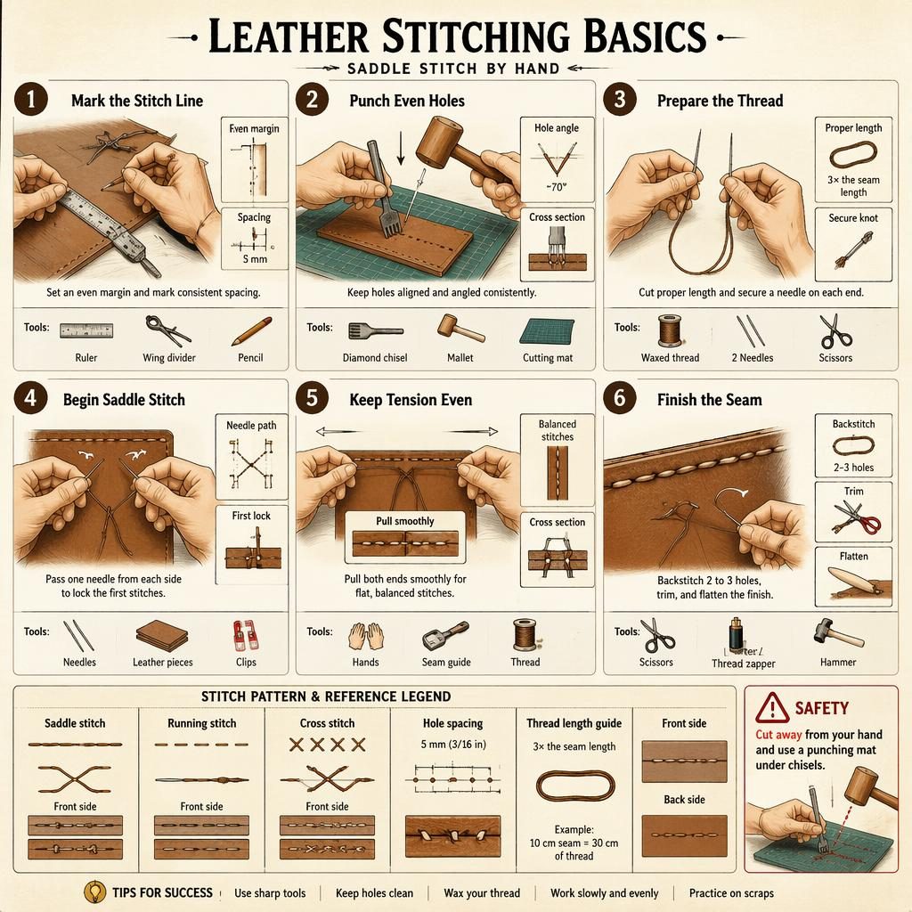 Sketchnote craft infographic showing 6 leather stitching steps, tool icons, stitch legend, arrows, safety note, and hands.
