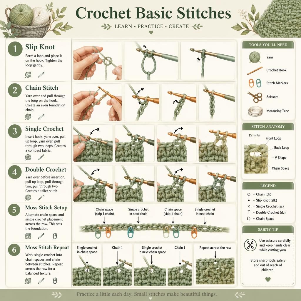 Watercolor crochet infographic with 6 numbered steps, hand diagrams, tool icons, arrows, and moss stitch setup and repeat.